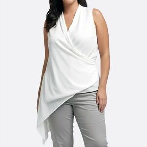 White Asymmetric Wrap Blouse Sleeveless V-Neck Plus Size 0X L Quiet Luxury
